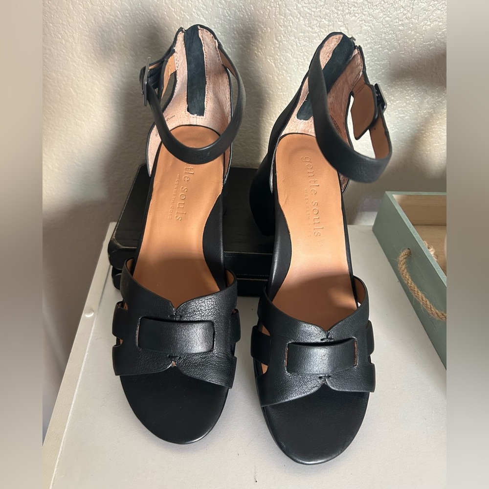 gentle souls Black Leather Ankle Strap Heels